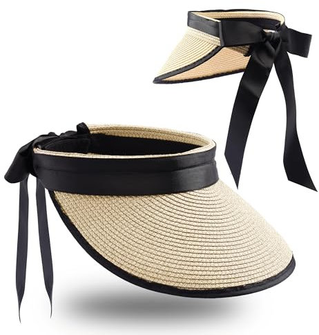 JJDreams Chapeau d'été Pliable Chapeau de Paille avec Fermeture Velcro et nœud Papillon Casquette à visière Écran de Protection Casquette de Baseball Écran de Protection pour Femmes,Beige