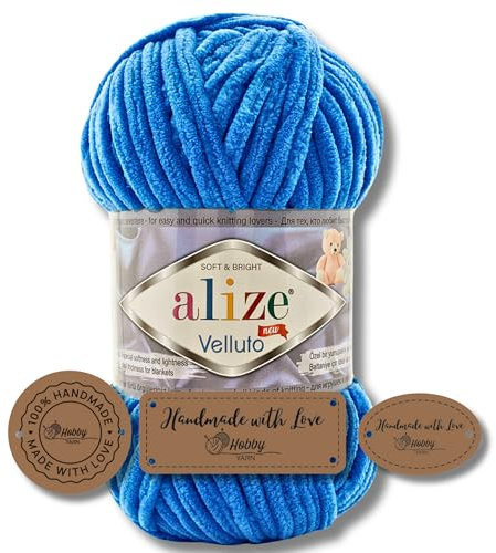 Hobby YARN 3x Etikettenlabel mit Alize Velluto Wolle Premium 1x100g als Set, Dicke Wolle zum Häkeln (Royal Blue - 141)