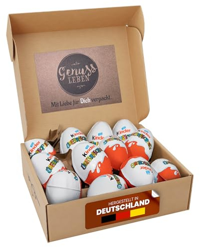 Genussleben® Box mit 12 Ü-Eiern im Themen Mix - Überraschungsspaß und Schokoladenerlebnis in Einem, 220g für Familie, Kinder - jetzt mit verbesserten Transportschutz