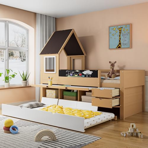 Dolamaní Etagenbett Kinder 90x200 cm, Hausbett mit Schubladen/Rollenbett/Ausziehbares Schreibtisch/3 Schränke mit herunterziehbaren Türen/2 Schubladen/Graffiti-Tafel (Weiß+Natur)