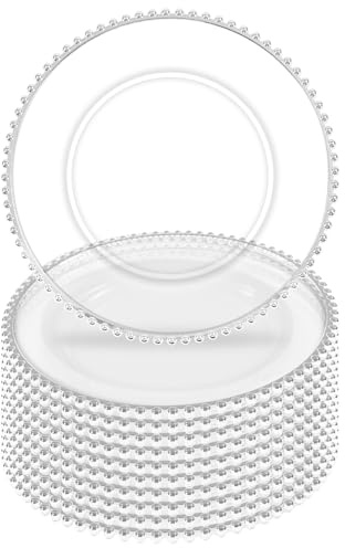 Tomeurperf 10Pcs Clear Charger Plates Bulk Wedding - 13 Premium Clear Plastic Chargers with Silver Beaded Rim，Decorative Dinner Charger Plates for Events & Parties