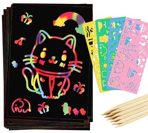 Prudiut 90 Pcs Scratch Art Paper Rainbow Sets, Scratch Paper Rainbow Black Scratch Off Art Gifts Art Craft Supplies Kits Classroom Easter Gifts for Kids
