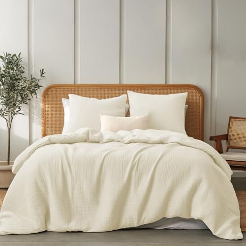 Dreamzie Musselin Bettwäsche 220x240 cm aus 100% Baumwolle – Bettwäsche Set mit 1 Bettbezug und 2 Kissenbezügen 80x80 cm – Weiche Oeko-Tex Bettwäsche mit Reißverschluss – Creme