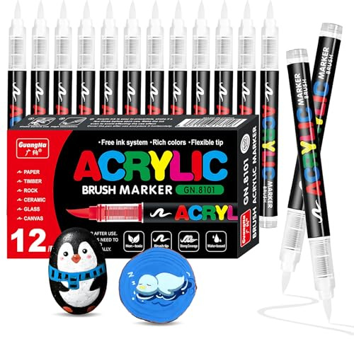 Vakki 12 Weiße Acrylstifte, wasserfest stift Permanent marker weiß Acrylmarker, Acrylic marker Set Perfekt für Steine Bemalen, Glas, Holz, Keramik, Metall & Leinwand
