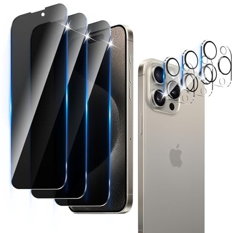 LZAYN 3+3 Pack Privacy Screen Protector for iPhone 15 Pro Max | with Camera Lens Protector,Anti-Spy Tempered Glass Film,9H Hardness,Anti-Scratch,Bubble Free,Easy Installation
