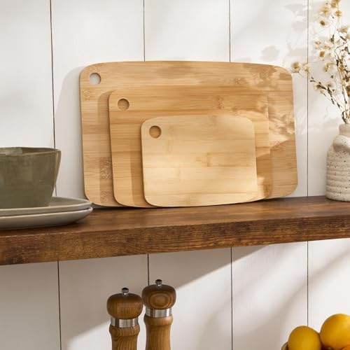 OHS Wooden Chopping Boards, Set of 3 Bamboo Chopping Board Non Slip Cutting Boards for Carving Meat Cutting Vegetables Cheese Bread Food Prep Kitchen Gift Set, Natural
