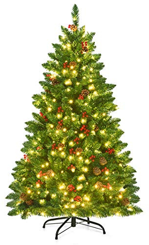 COSTWAY 4.5FT/5FT Pre-Lit Artificial Christmas Tree, Hinged Xmas Tree with Branch Tips, LED lights, Pine Cones & Red Berries, Christmas Decor for Holiday Home Office (Warm White Lights, 135 cm)