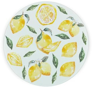 Lemons Round Glass Trivet - Yellow Citrus Fruits Décor Kitchen Gift Small Textured Chopping Board/Worktop Protector 20cm x 20cm (8 x 8)