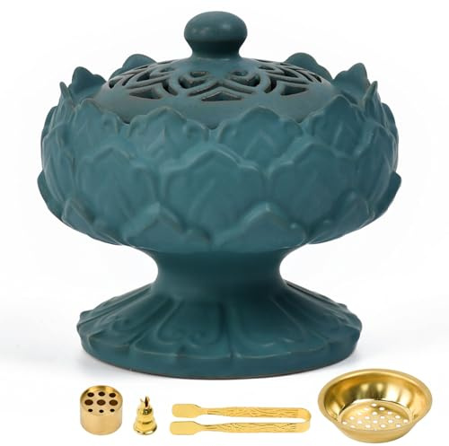 Zuxbolf Bruciatore di Incenso in Ceramica a Forma di Loto,Porta Incenso Ceramica con Pinzette per Carbone, Bastone, Polvere, Cono, Bobina e Torre