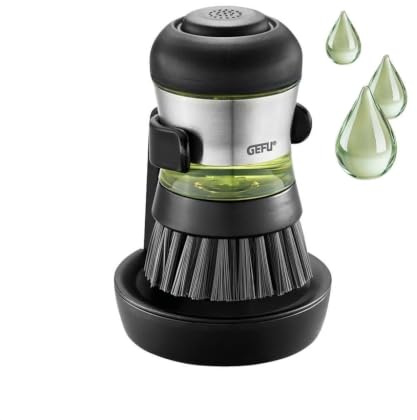 GEFU Spülbürste Swift mit Spülmittelspender & Halterung, 50 ml | Ergonomische Abwaschbürste mit robusten Nylonborsten, Edelstahl-Elementen und praktischem Abtropfbehälter für Ordnung