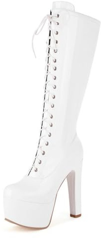 MiaZane Stivali Donna Ginocchio Pelle Verniciata Plateau Lacci Anteriori 15cm Tacco Basso Dichiarazione di Moda Calzature per Serata Uscita Festival e Look Streetwear,Bianca,39 EU