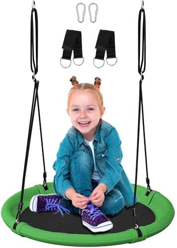 Koutemie 61cm Padded-Edge Saucer Tree Swing - Adjustable Hanging Ropes, for Kids & Adults, Garden & Outdoor Playground, Green & Black