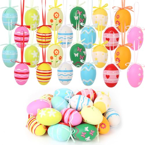 24 Stück Ostereier zum Aufhängen, Bunte Ostereier Deko mit Bänder | Exquisite Muster, Plastik Ostereiers zum Aufhängen, Einzigartig Osterdeko Modern, für Draußen und Innen Deko, Geschenk