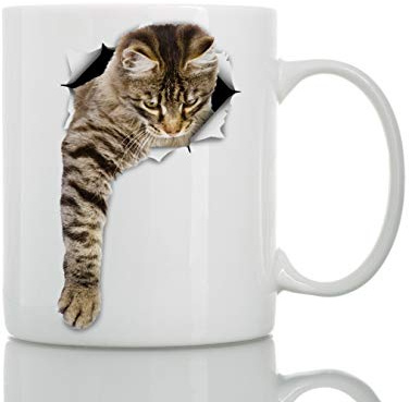 Cute Reaching Tabby Cat Coffee Mug - Ceramic Funny Coffee Mug - Perfect Cat Lover Gift - Novelty Coffee Mug Present - Great Birthday or Christmas Surprise for Friend or Coworker, Men and Women (15oz)
