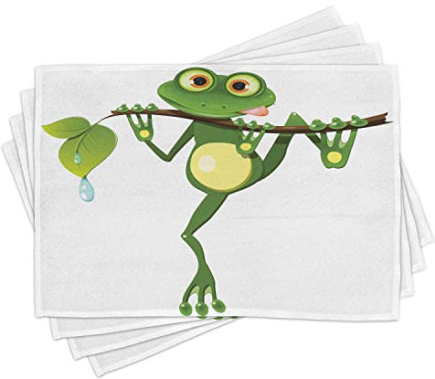 ABAKUHAUS Tier Platzmatten, Kleiner Frosch auf Zweig des Baums im Regenwald-Natur-Dschungel-Leben-Kunst-Erde, Tiscjdeco aus Farbfesten Stoff für das Esszimmer und Küch, Gelb Weiß Grün