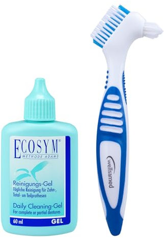 Wellsamed Sparset mit Prothesenzahnbürste Blau und Ecosym DAG Gel für die Dritten Zähne
