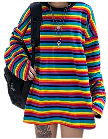 T-Shirt für Damen und Mädchen, Regenbogen-gestreift, übergroß, langärmelig, Pullover, Sweatshirt, Tops für legere Streetwear, Festivals, Regenbogen, Einheitsgröße