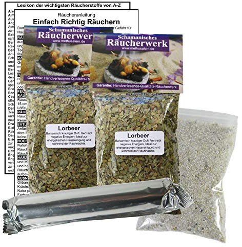 LORBEER Lorbeerblätter zum RÄUCHERN. 15-TLG Räucherset - 2X 60ml Räucherwerk mit Räucherkohle (10x) + Räuchersand + Räucheranleitung + Lexikon der wichtigsten Räucherstoffe A-Z. 82060-XX46