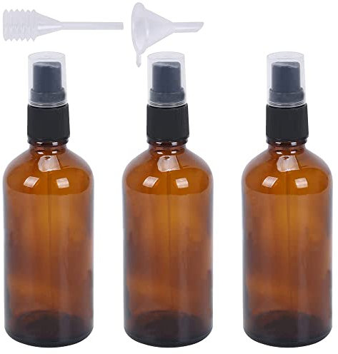FOGAWA 3pcs Pulverizador Cristal Marrón de 100ml Botellas en Miniatura con Cabezal Pulverizador Bote Spray Botella de Aerosol Vacío Plástico con Embudo y Cuentagotas para Perfumes Masajes y Líquidos