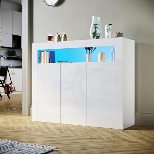 SUNXURY Küchenschrank Sideboard Weiss Hochglanz,3 Türen Griffloses Design Kommode mit LED für Flur Schlafzimmer Küche 116x93x35cm(B/H/T)