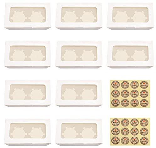 Lanjue 10 Packs Cupcake Boxes, 2 Holes Cupcake Boxes with Window and Inserts White Cardboard Muffin Boxes Cupcake Holder with 24 Pcs Stickers for Cupcake Cookies or Muffins (2 hole)