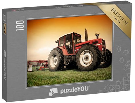 puzzleYOU: Puzzle 100 Teile „Alter roter Traktor auf der Wiese beim Schwaden“ – aus der Puzzle-Kollektion Traktoren