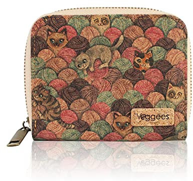 Damen Geldbörse aus Kork mit Katzenmuster Mimi, veganes Portemonnaie mit viel Platz, Kork Portmonee mit RFID-Schutz, Geschenk für Katzenliebhaber und Katzenmamas (Medium)