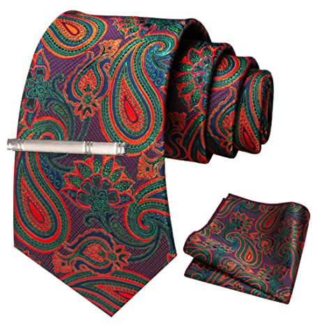 JEMYGINS Krawatte Herren Gestreifte Karierte Krawatte Inklusive Einstecktuch Krawattenklammer Set rot blau grün Paisley 50