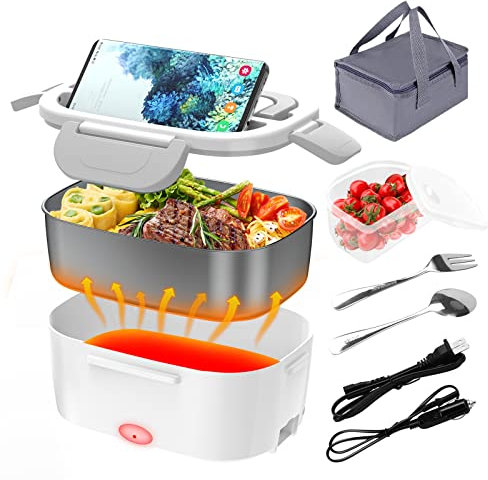 CHARMDOO Lonchera eléctrica de 60 W, calentador de alimentos, 12 V, 24 V, 110 V, lonchera calentada más rápida para coche/camión/hogar, cajas de calefacción portátiles con contenedor 304 SS de 1,5 L