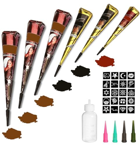 Temporary Tattoos Kit, 6Pcs Semi Permanent Tattoo Paste Cones, India Body DIY Art Painting for Women Men Teens,Summer Trend Freehand Plaste with 3 Colors,20Pcs Adhesive Stencil,1Pc Bottle,4Pcs Nozzles