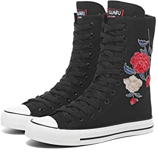 Momuk Tenis de lona de caña alta para mujer, con cordones, a la moda, casuales, para mujer, Negro 03, 39 EU