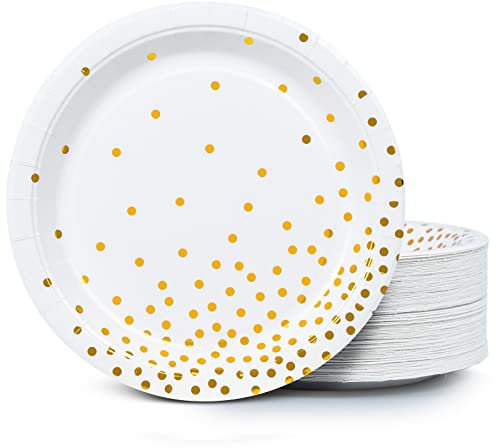 MATICAN Party Paper Plates, 100-Pack Disposable White and Gold Plates, Foil Polka Dots, 22.86 Centimetres