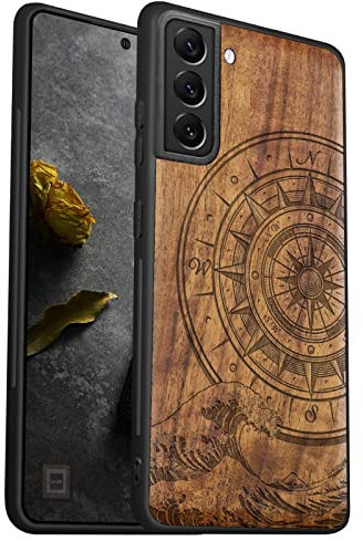 Carveit Coque pour Galaxy S22 Étui en Protection Bois [Unique Etui en Bois et Souple TPU Silicone] Antichoc Bumper Compatible avec Samsung S22 Artistique Etui (Noyer-Boussole Vagues)