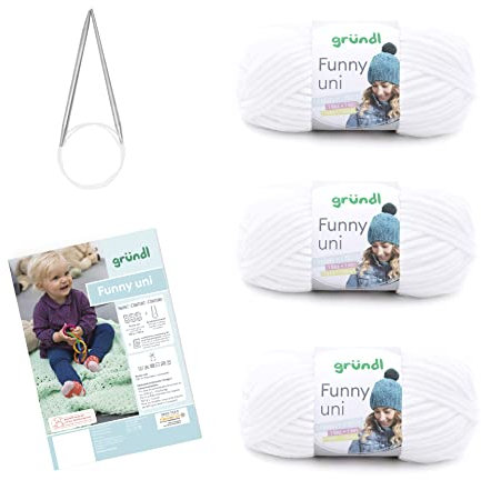 Gründl Wolle Funny uni - weiche Chenille Wolle mit Nadel und Anleitung für eine Babydecke - Kuschelig und hautfreundlich - 100 % Polyester - 3 Knäuel 100 g / 120 m - Nadelstärke 5 - 6, weiß