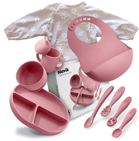 Navik | Juego vajilla bebe de silicona | Incluye plato ventosa dividido | vaso aprendizaje | cuchara | cuenco ventosa | +6 meses | rosa