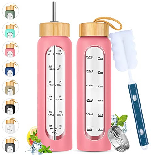 SipZest Botella de agua de vidrio de 32 onzas con pajilla, marcador de tiempo motivacional y funda de silicona, vaso reutilizable que incluye 2 tapas de bambú e infusor de frutas, 1 paquete