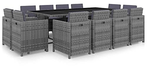 Gecheer 13-TLG. Garten Essgruppe, Terrassenmöbel Set 12 Personen, Sitzgruppe Metall Esstisch mit Glas-Tischplatte & 12 Poly Rattan Stühle mit Auflagen, Gartenmöbel Set Anthrazit