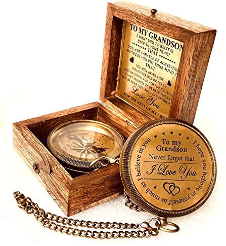 Geschenk für Enkelsohn, Messing-Kompass, graviertes Zitat, Erinnerungsgeschenk für Meinen Enkelsohn, Geburtstag, Taufe, Abschluss, Liebe, Geschenkidee von Grandpa Grandma (#1 Grandson – I Love You)