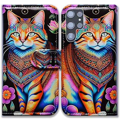 Bcov Galaxy S22 Ultra Case,Floral Cat Mandala Flowers Leather Flip Phone Case Wallet Cover with Card Slot Holder Kickstand for Samsung Galaxy S22 Ultra