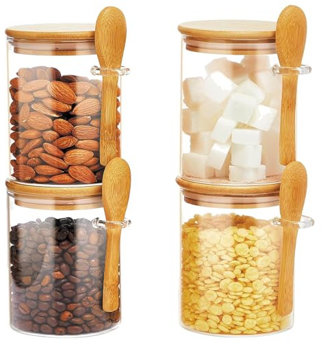 AKOLAFE Lo de 4 Bocal en Verre avec Couvercle 450ml Pot en Verre Avec Couvercle 8.5x12cm Bocaux Rangement Cuisine pour Conserver les Produits Secs, Les épices, Le thé, Le café, Les noix, Les graines