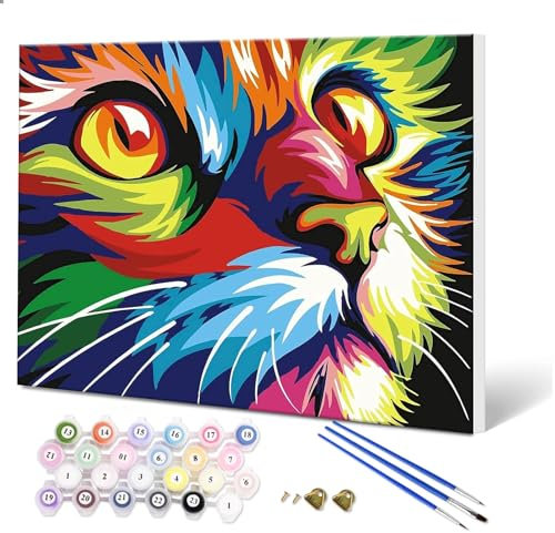 Fuumuui Malen Nach Zahlen Erwachsene und Kinder Anfänger Gemälde mit Rahmen inklusive Pinsel und Acrylfarben 40 x 50 cm - Tiere, Bunte Katze
