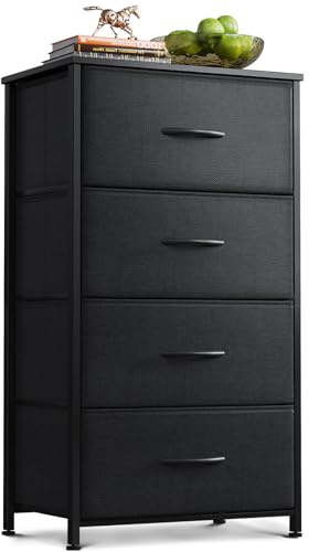 AODK Dresser for Bedroom with 4 Storage Drawers, Small Dressers Chest of Drawers Fabric Dresser with Sturdy Steel Frame, Black