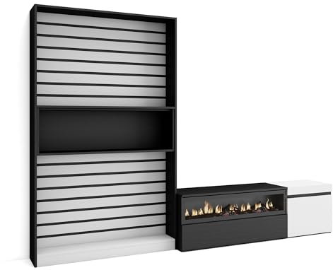 Skraut Home | Wohnwand Wohnzimmer | Wohnzimmermöbel, Möbelset | 260x186x35cm | Für TV-Geräte bis zu 65 | Elektrokamin. Maße | Moderner Stil | Weiß und Schwarz