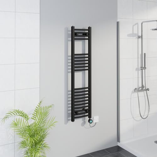 Warmehaus Smart WiFi Thermostatic Electric Bathroom Curved Heated Towel Rail Warmer Radiator with Timer 1200x300mm - Black