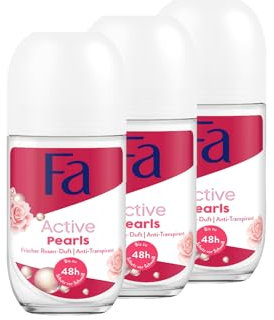 FA Deo Roll-On Active Pearls (3x 50 ml), mit dem frischen Duft der Rose, bis zu 48h Anti-Transpirant-Schutz, Duft-Kapsel-Technologie, stoppt Bakterien, Vegane Formel