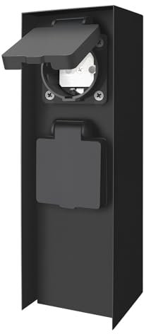 EXTRASTAR Außen Steckdosensäule 2-Fach, Außensteckdose Wasserdicht IP44, Gartensteckdose für Unkrautjäten, Bewässerung, Grillen, Aussen Steckdosenturm Edelstahl, Schwarz