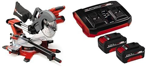 Einhell Scie à onglet coulissante sans fil TE-SM 36/10 L Li-Solo (36 V, lame 254 mm, vitesse 3 800 tr/minute, système de glissière maniable, laser ligneur) + Twincharger et 2 Batteries 4,0Ah
