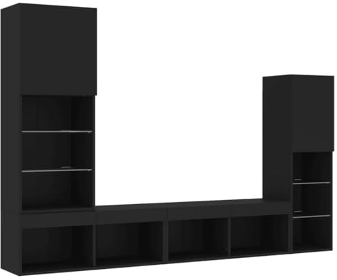vidaXL Wohnwand 4-TLG., Schrankwand mit viel Stauraum, Anbauwand mit LED-Beleuchtung, Wandmontage Fernsehschrank Wohnzimmer Set Schrank, Schwarz Holzwerkstoff