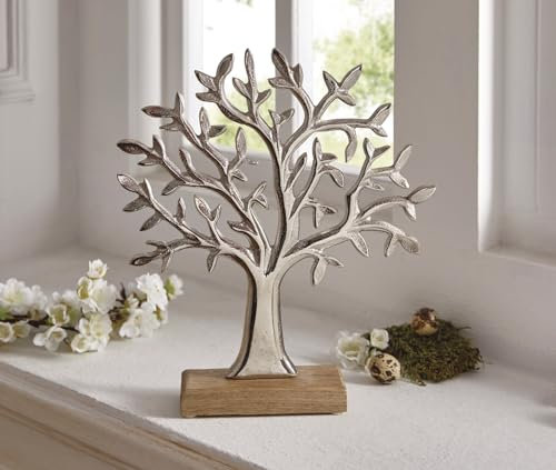 Baum Silber aus Aluminium & Mango Holz, Dekofigur 31 cm hoch, Tischdeko, Moderne Figur, Skulptur