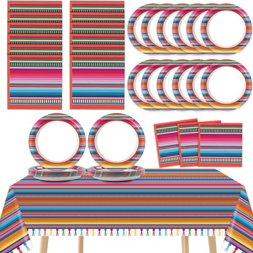 Qyeahkj Mexican Serape Fiesta Party Supplies Serves 24 Mayo Party Paper Plates Napkins Colorful Stripes Mexico Tablecloth Set Tableware Kit for Pinata Taco Ponchos Dance Day of The Dead Favor